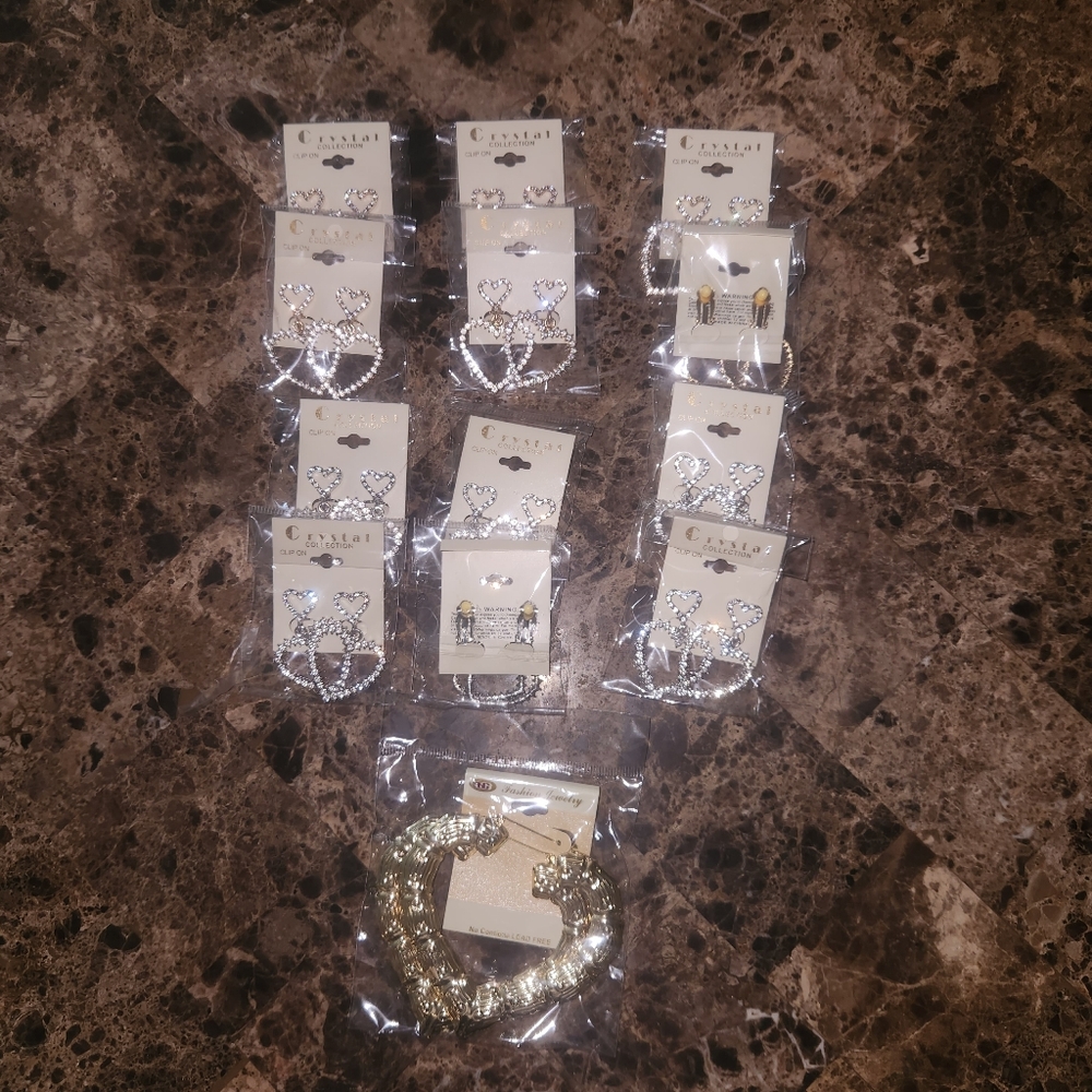 13 pairs of gold and silver tone Heart Earrings